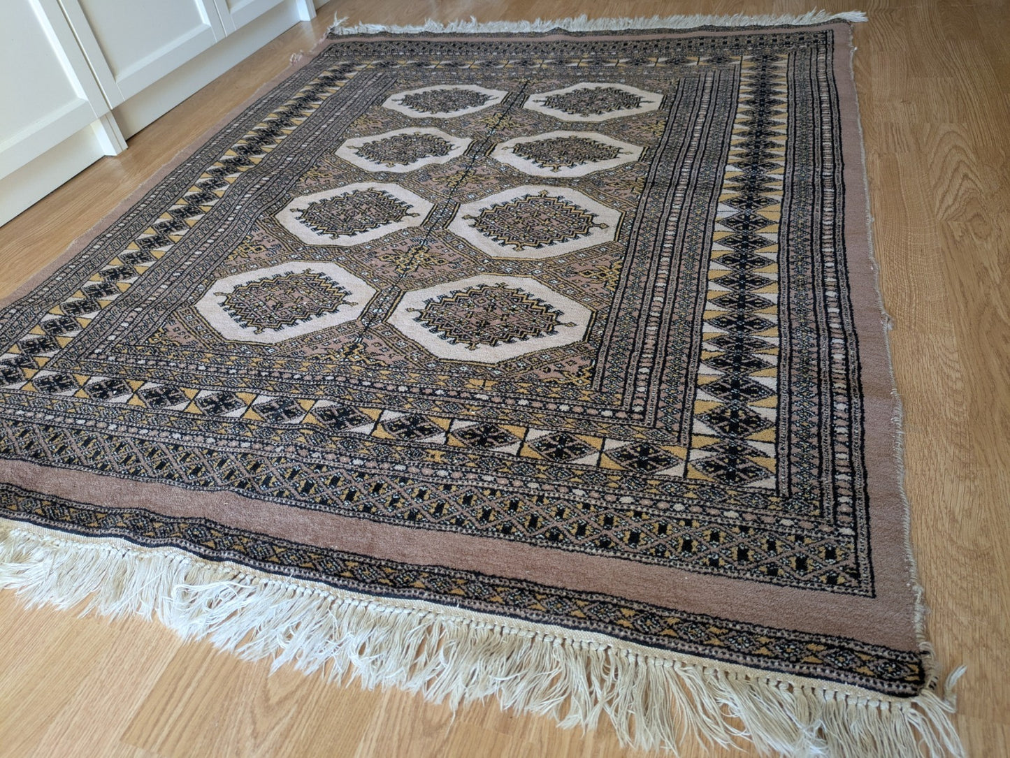 Cream Bokhara Hand Knotted Oriental Wool Afghan Turkmen Area Rug Gul Motif  Vgc