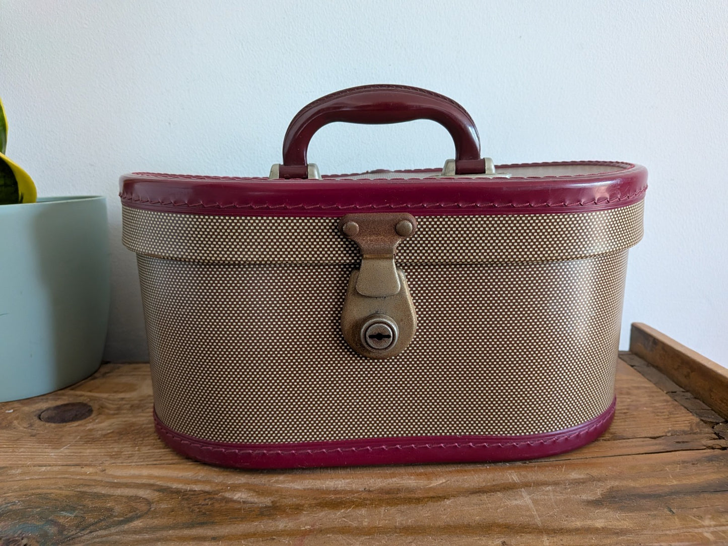 Vintage Cheney Vanity Case Child's Suitcase Luggage Prop Maroon Two-tone TV Film