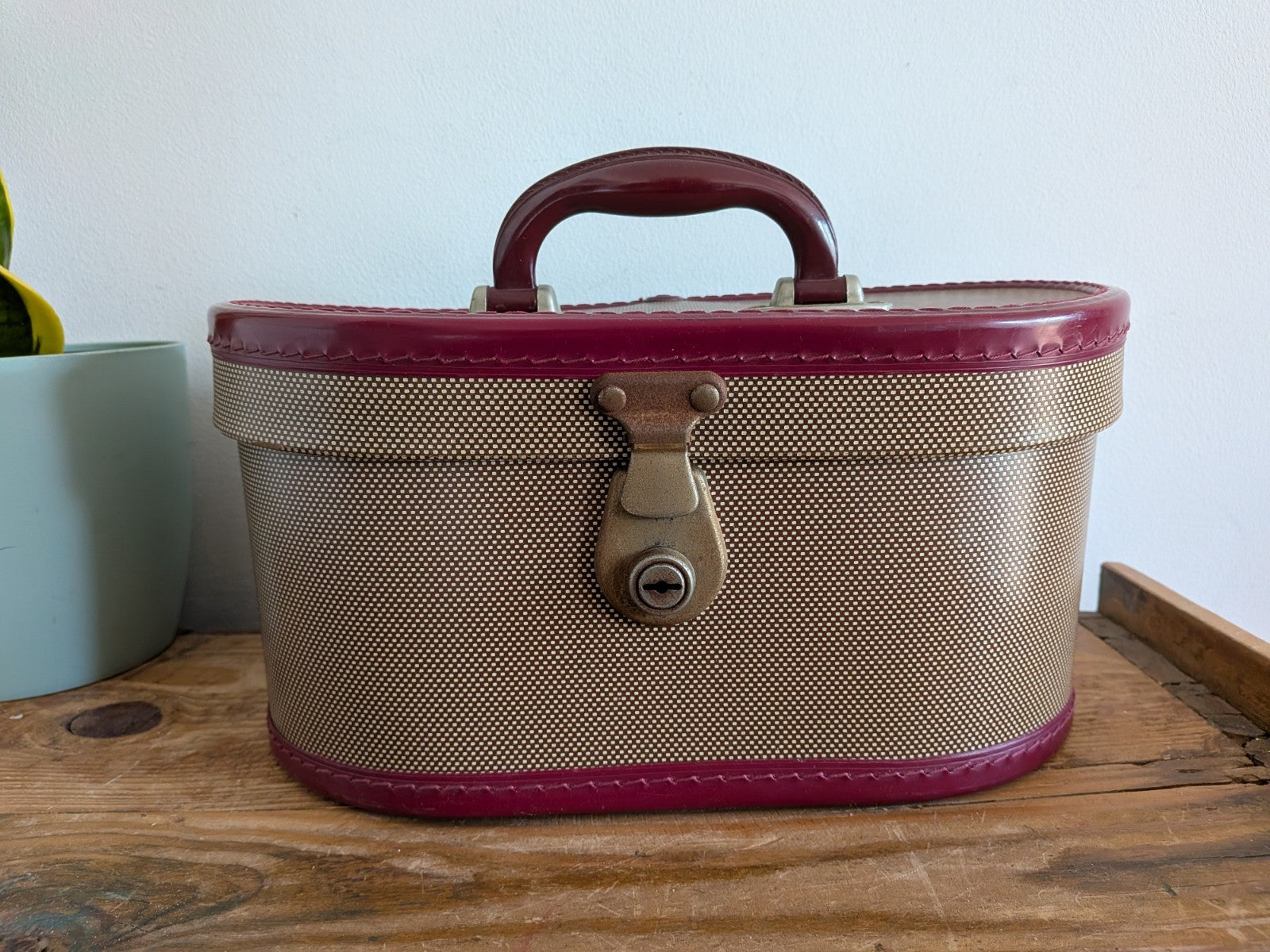 Vintage Cheney Vanity Case Child's Suitcase Luggage Prop Maroon Two-tone TV Film