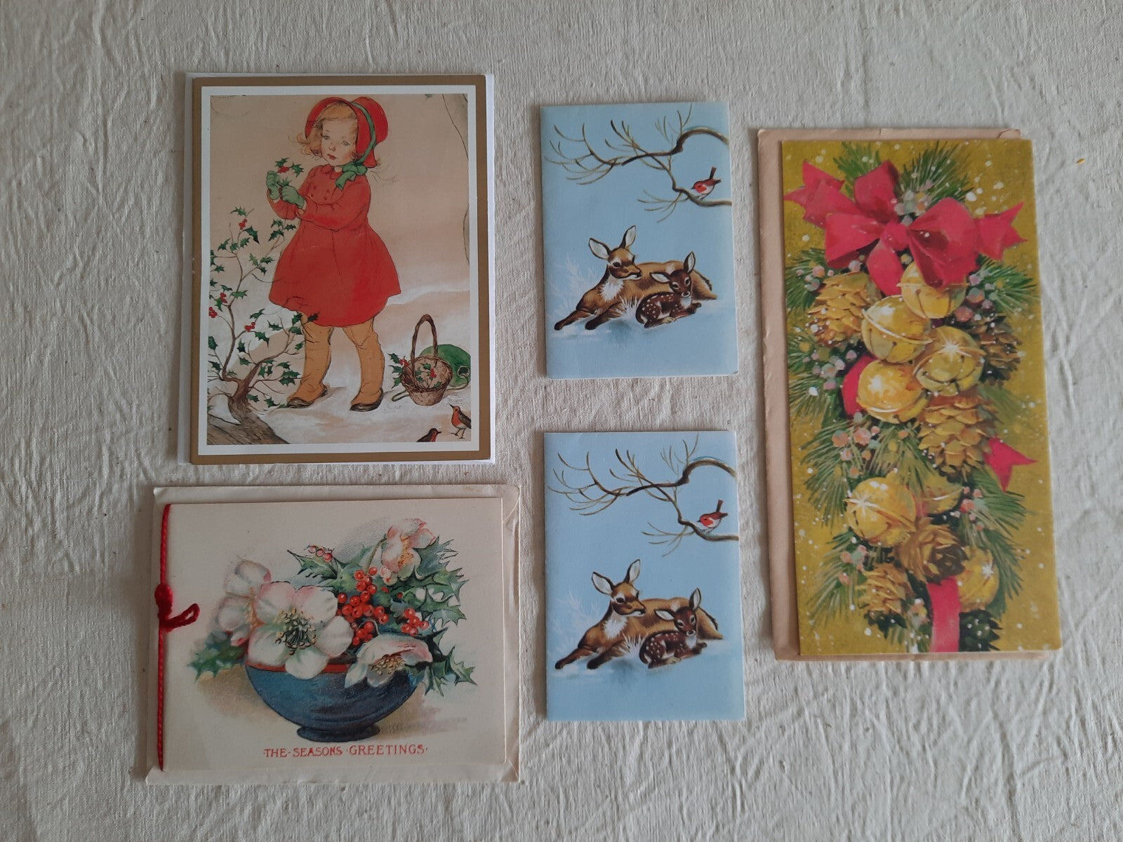 5 original vintage unused Christmas cards 1930s deco bell floral Snow Deer Baird