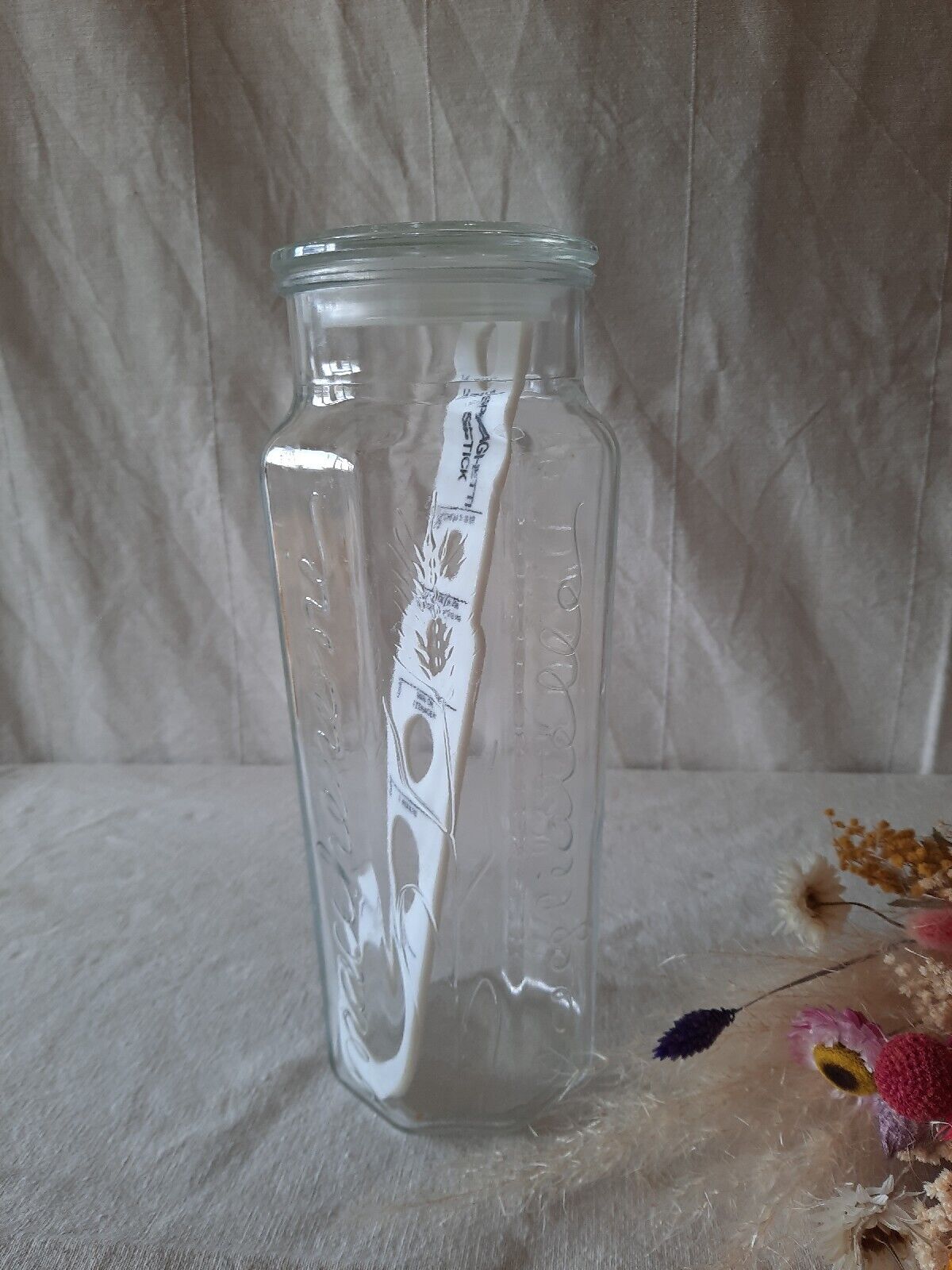 Retro Vintage Embossed Glass Spaghetti/Pasta Storage Jar Tall Linguini Container