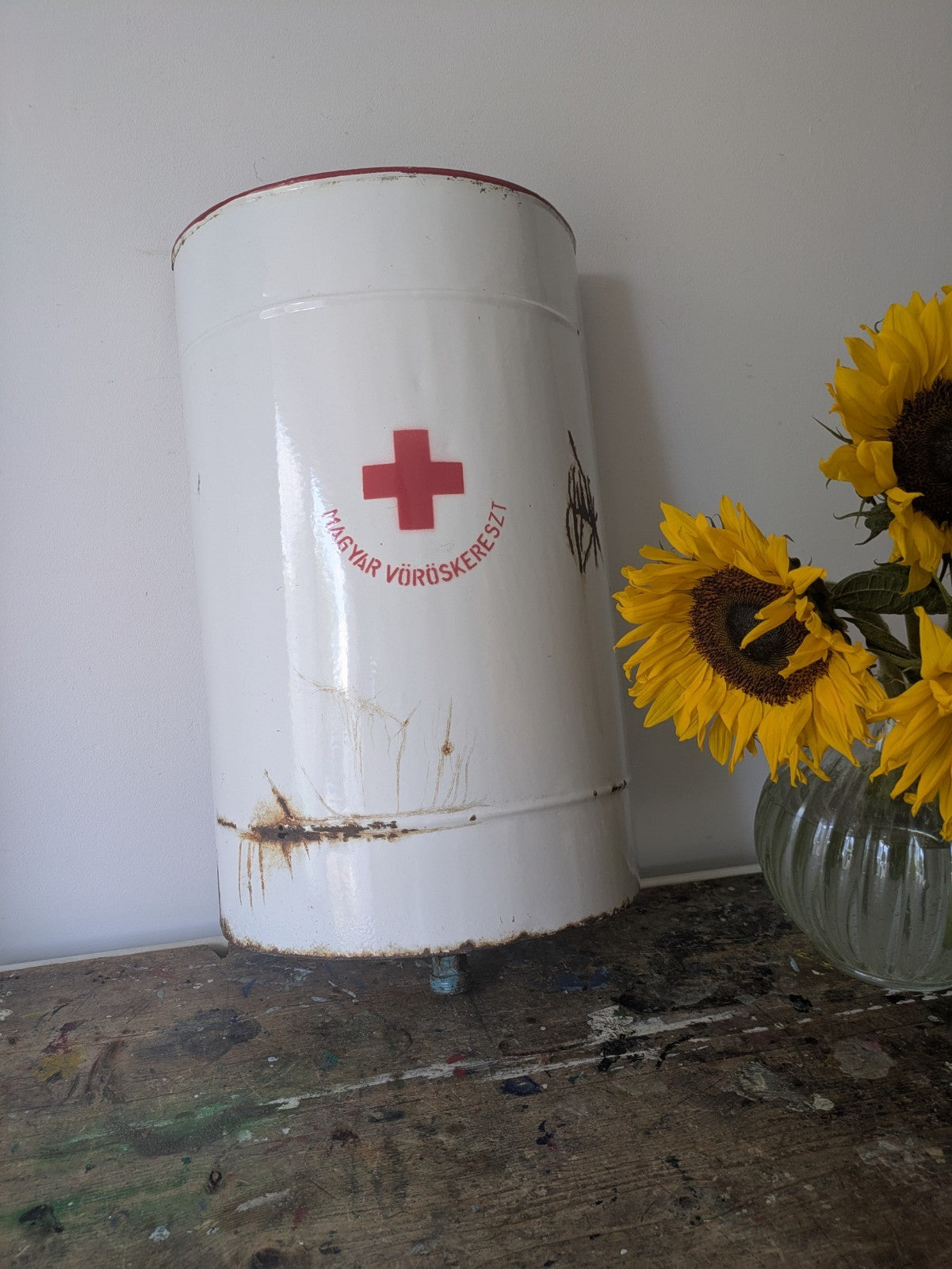 Vintage Iron Enamel Medicine Container Collectible Disinfectant Prop Bathroom