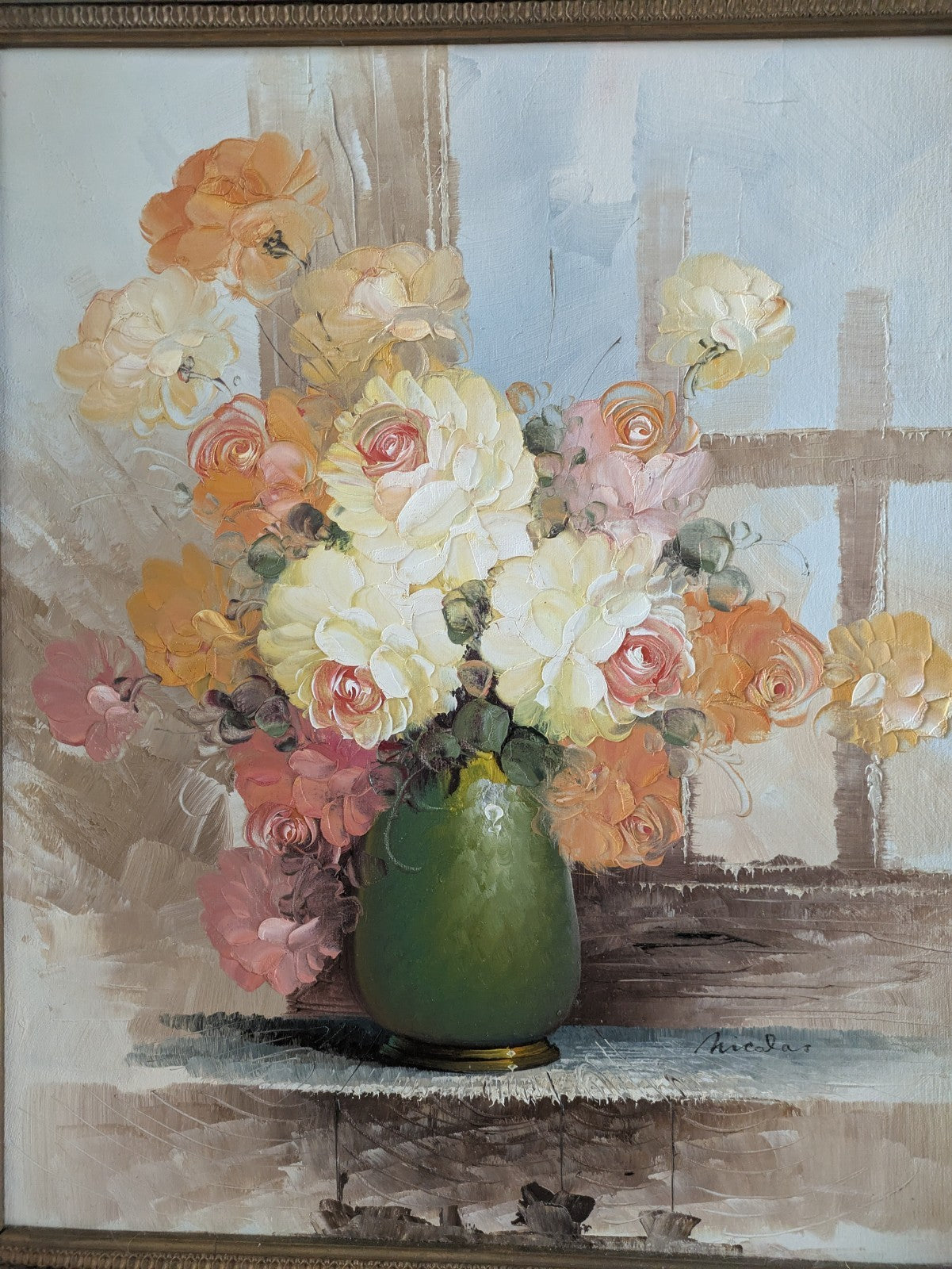 Original Oil Painting on Board Nicholas Bouquet Floral Roses Vase Flowers Signed
