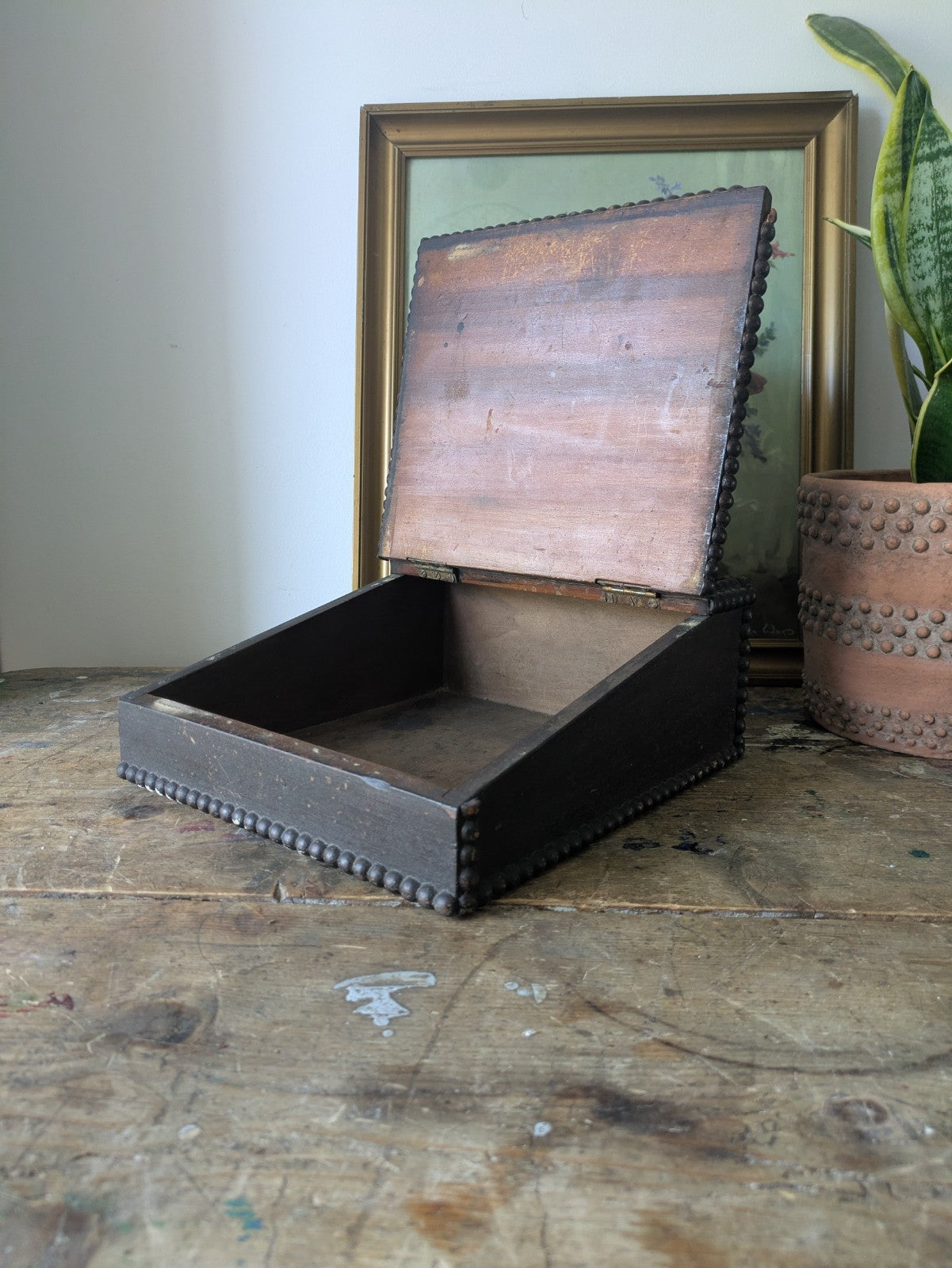Antique Vintage Students Table Top Writing Slope Bobbin Small Box Stationary Old