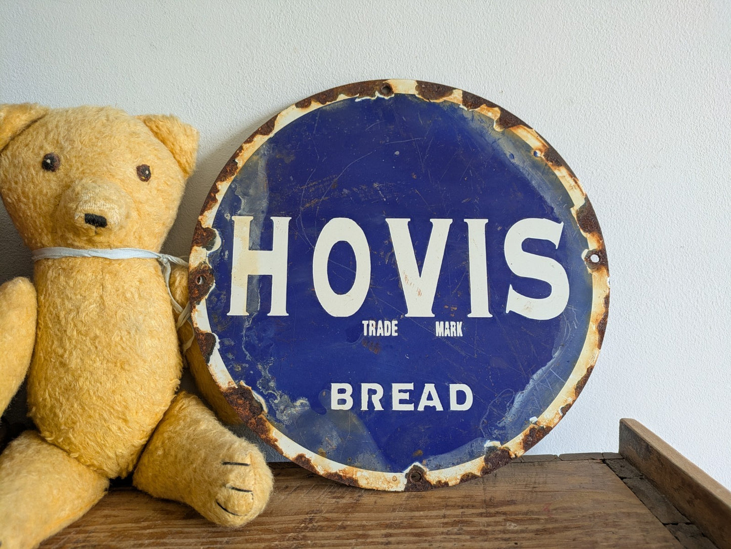 Vintage PORCELIAN HOVIS ENAMEL SIGN Round Advertising Metal Blue Kitchen Wall 