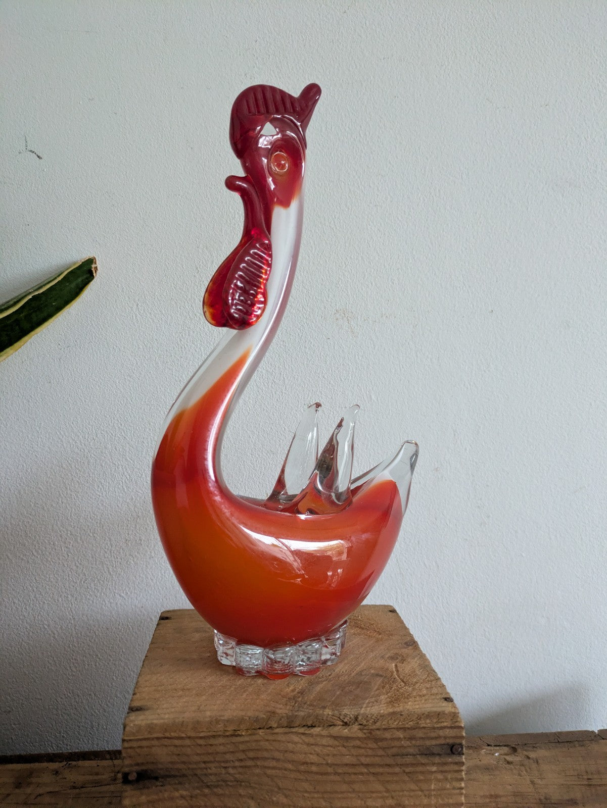 Murano Sommerso Art Glass Figure Red White Rooster Chicken Hen Bird Figure MCM