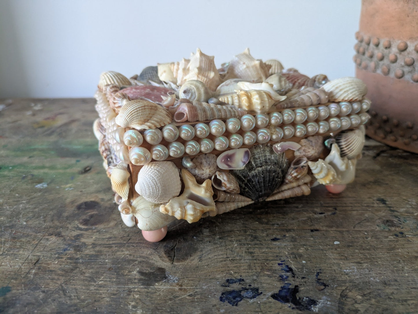 Vintage Seashell Encrusted Trinket Jewelry Box Genuine Retro Lined Wooden Hinged