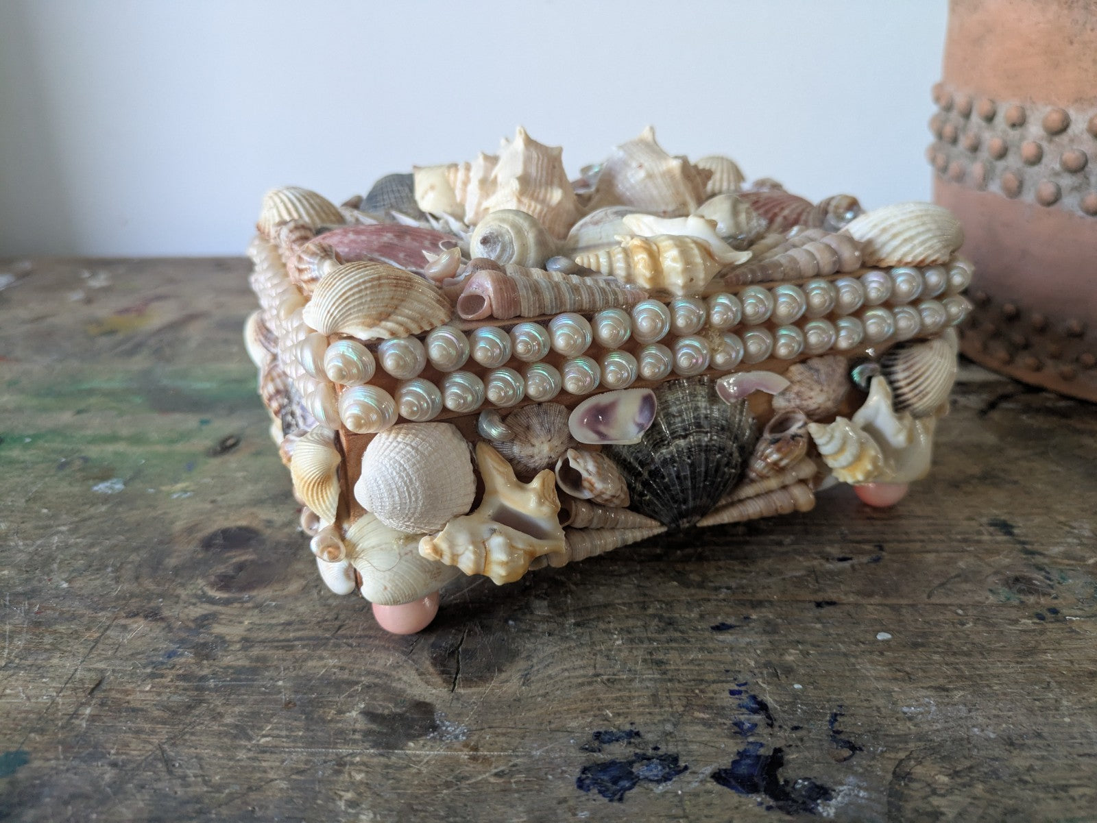 Vintage Seashell Encrusted Trinket Jewelry Box Genuine Retro Lined Wooden Hinged