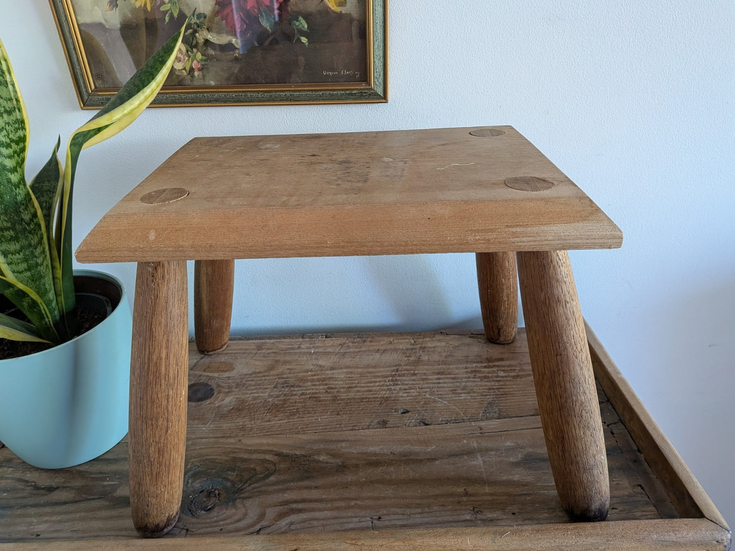 Vintage Step Stool Milk Wooden Seat Utilitarian Old Solid Chunky Leg Wood Prop 