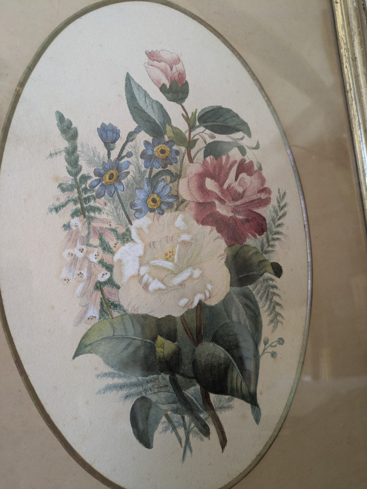 Original Antique Watercolour Painting Oval Floral Rose Bouquet Flower Still Life