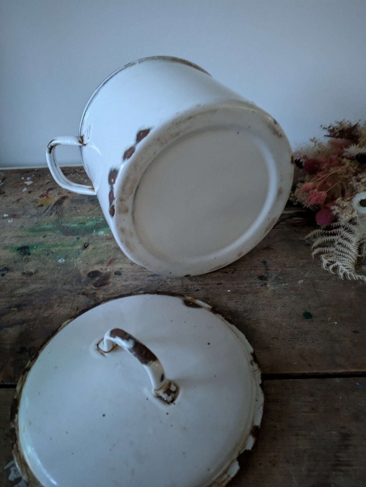 Antique Enamel French Flour Pot White Round Bread Container Lid Prop Vtg Retro