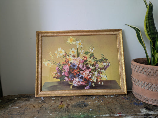 Vtg Kitsch Retro Frame floral bouquet PRINT original Landscape Spring Daffodils 