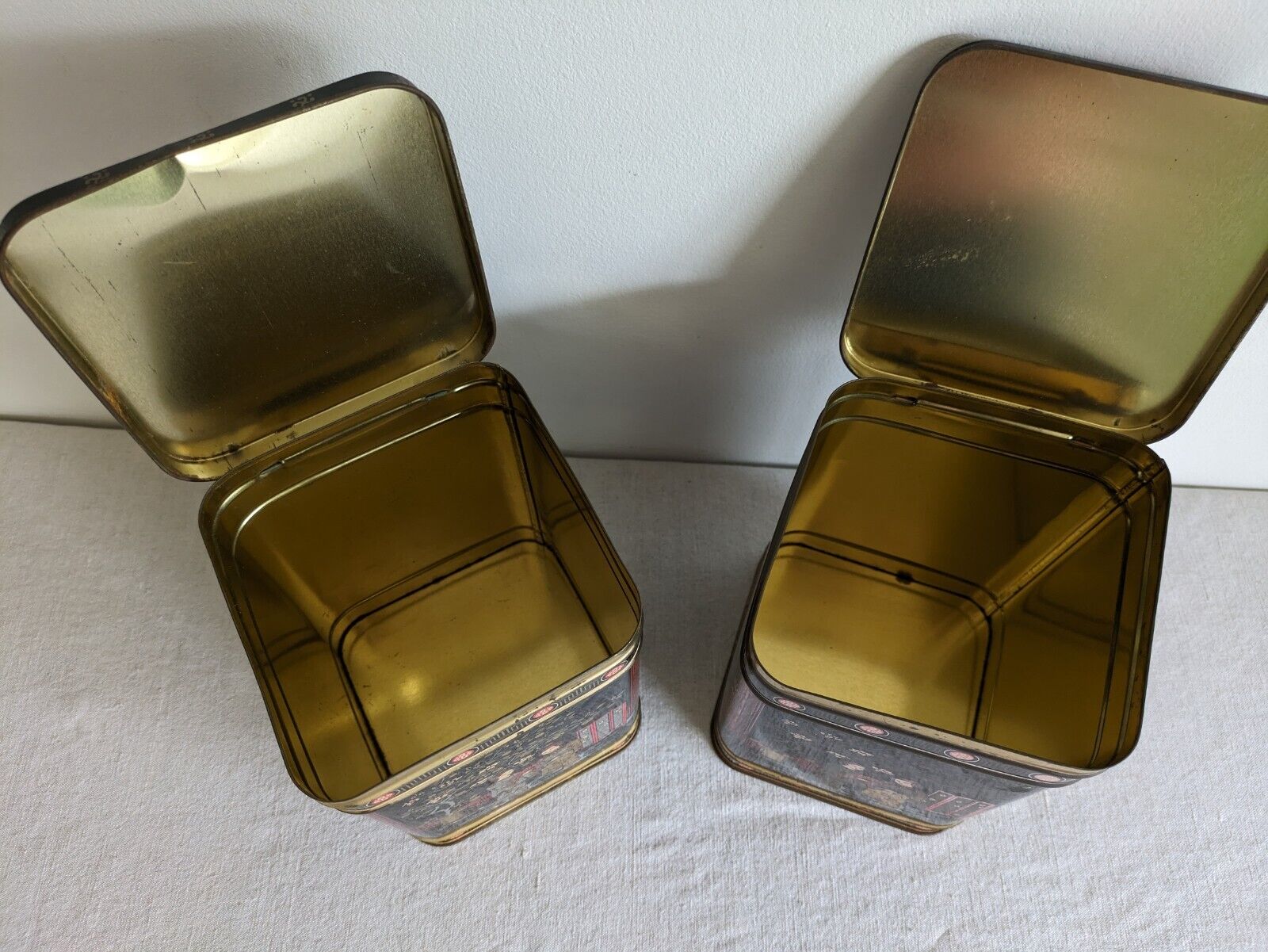 2x Original Vintage Japanese Black TEA Two Pound Tin Metal Made In England Large