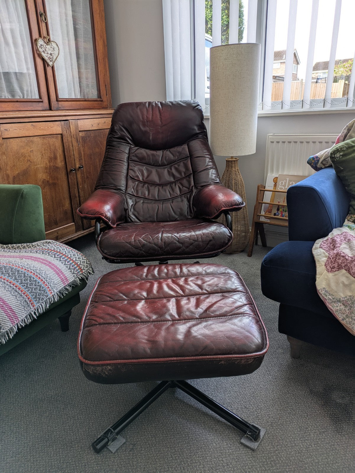 MCM Skoghaug Industries Oxblood Red Leather Swivel Recliner Armchair & Stool 60s