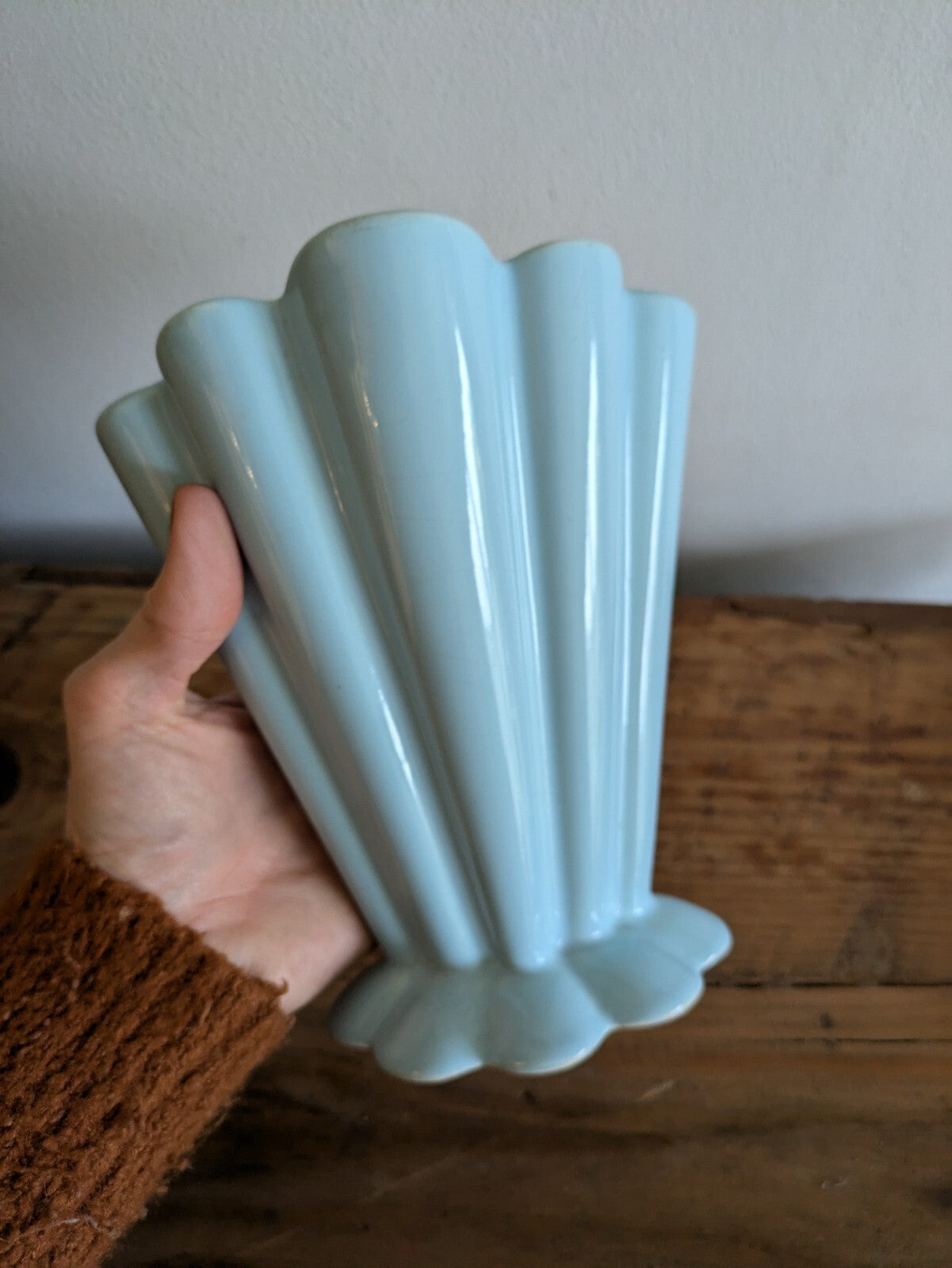 Vintage Candlelight England Blue Art Deco Vase Kingston Pottery Fan Mantle Retro