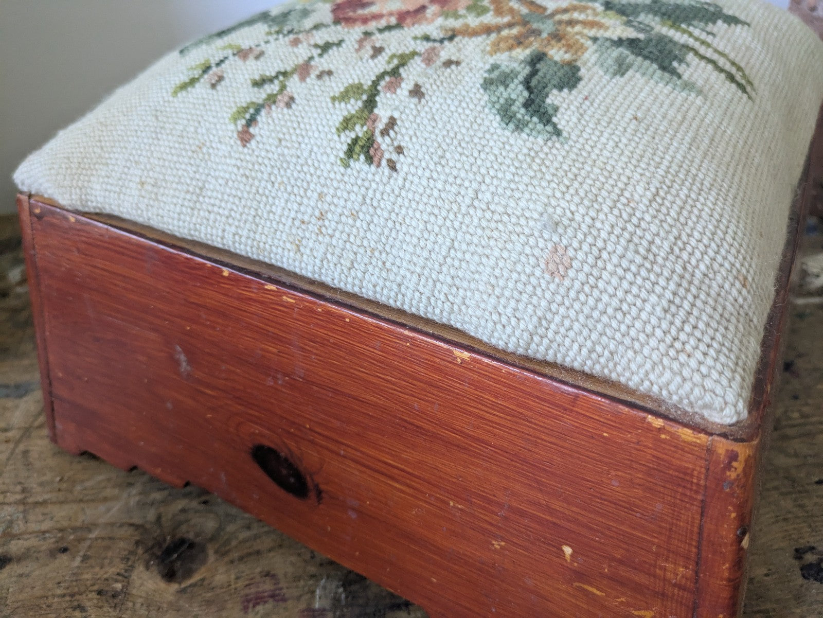 Vintage Tapestry Floral Stool Pine Base Rose Tapestry Top Footstool Original Old