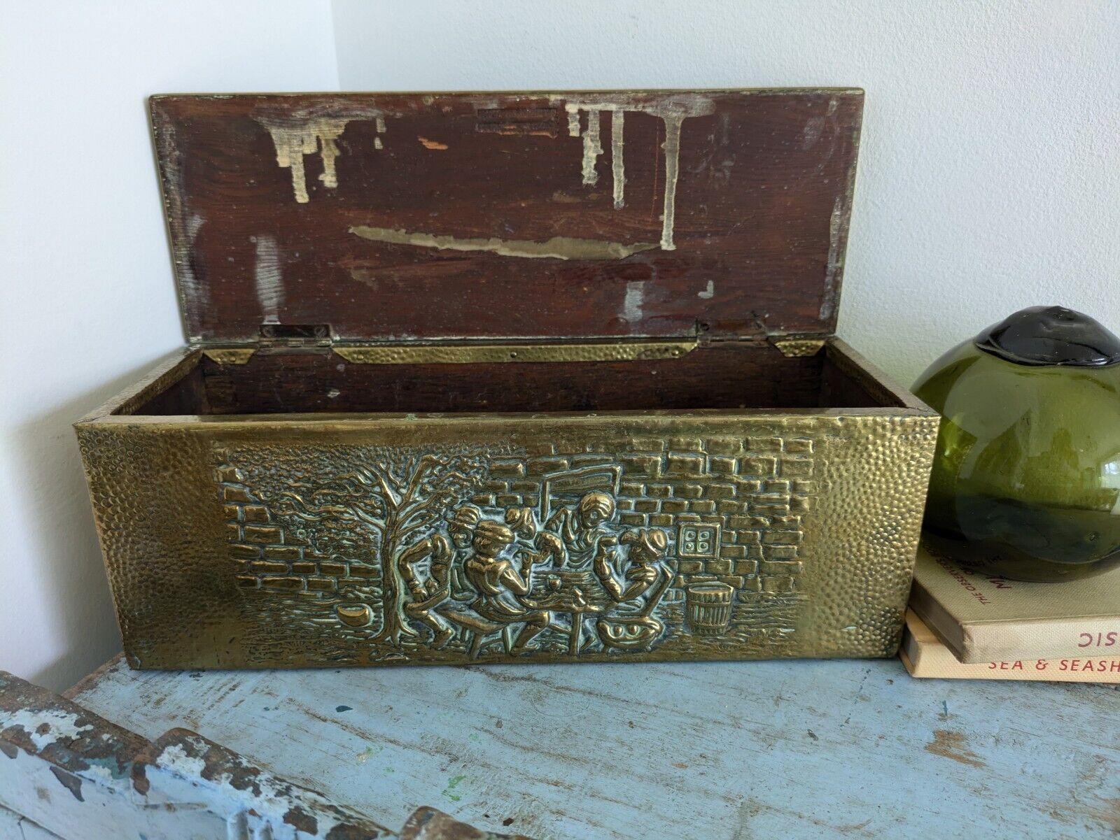 Antique 19th Century Vintage Embossed Brass and Wood Slipper Box Narrow Storage 