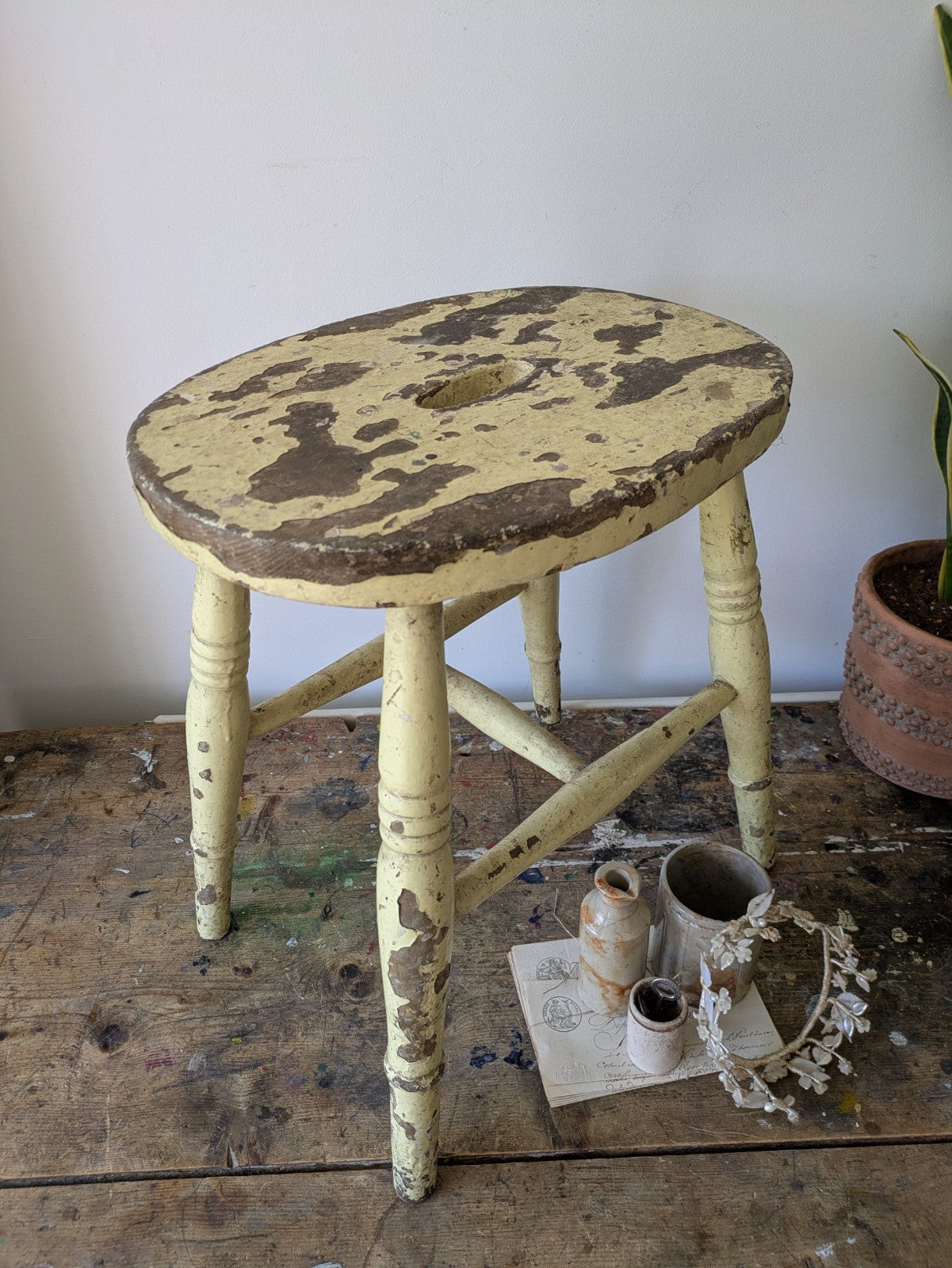 Vintage Victorian Kitchen Stool Wooden Seat Chippy Distressed Paint Yellow Wood