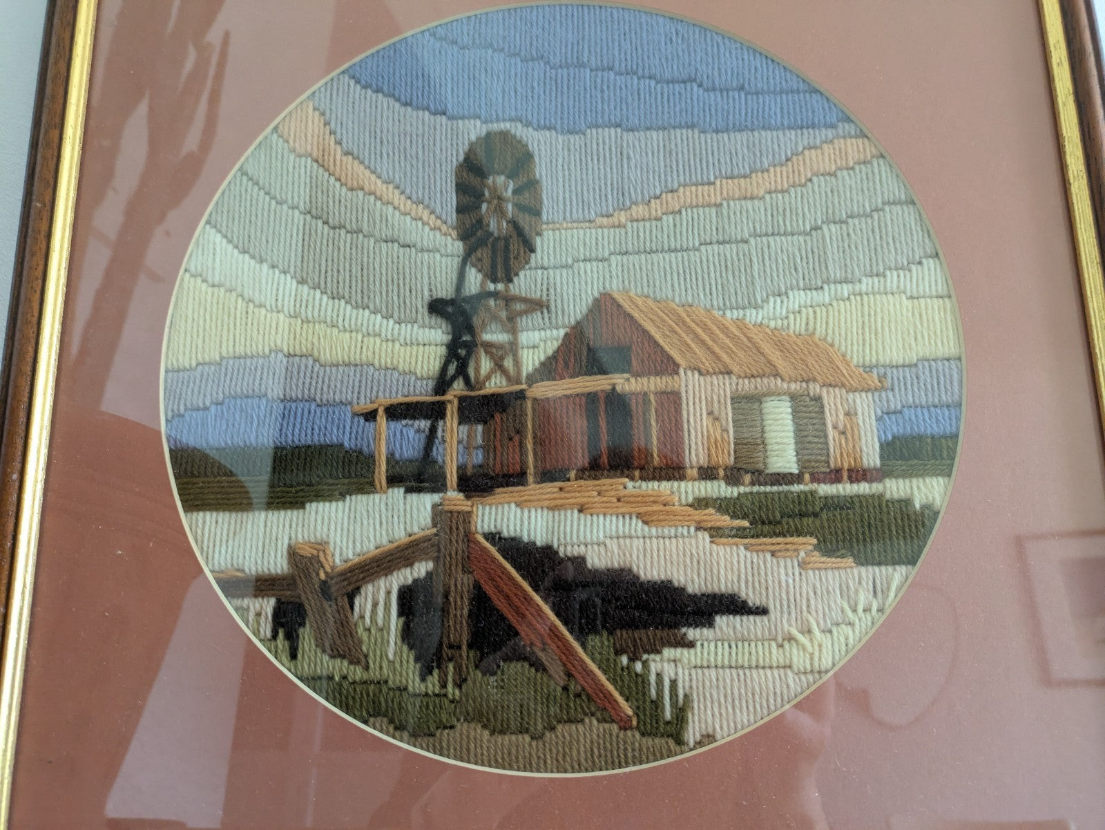 Vintage 1980s Embroidery Long Stitch Tapestry Picture Boho Wind Turbine Farm 