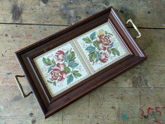 Vintage Tray Ceramic Rose Floral Tiles Wooden Frame & Brass Handles Serving Old