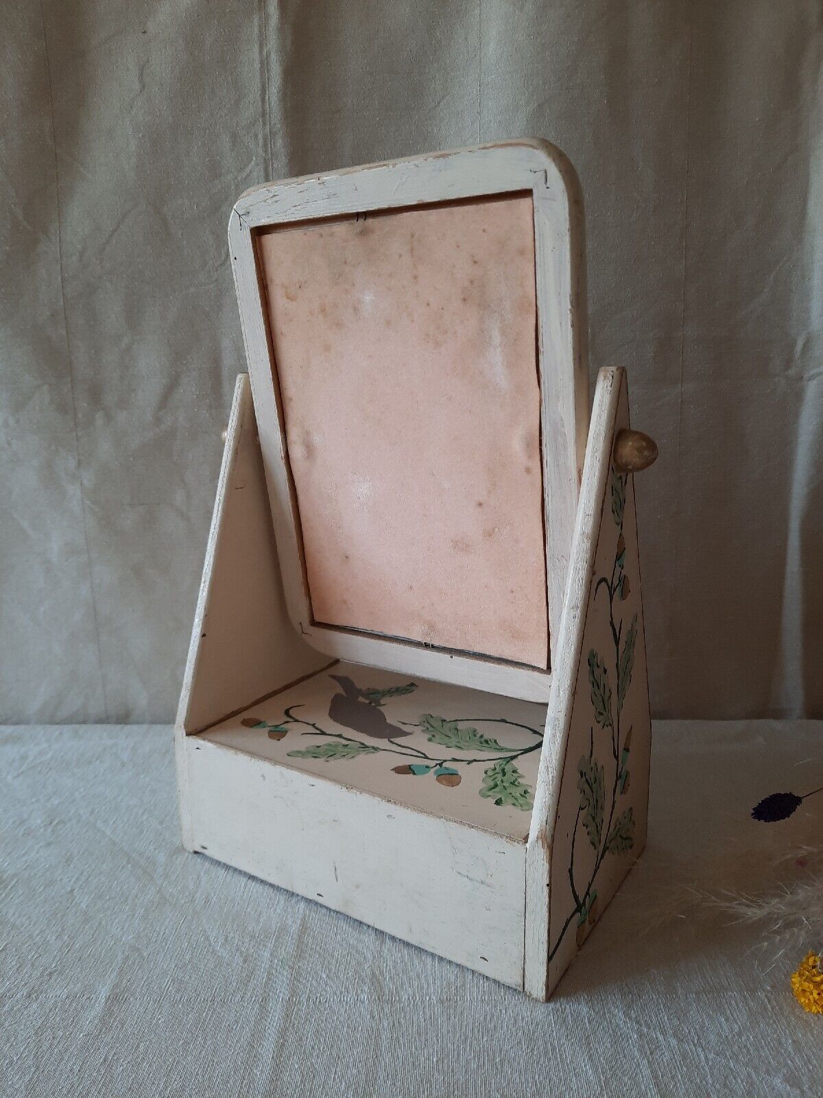 Vintage Wooden Vanity Mirror folk art Wood Table Top Swing Standing drawer old
