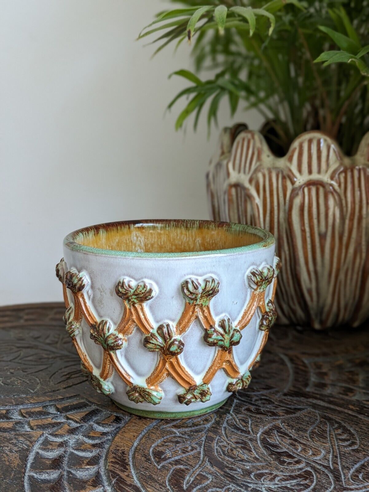 RARE HAND PAINTED ITALIAN POTTERY PLANT POT  VINTAGE MID CENTURY RETRO LATTICE 