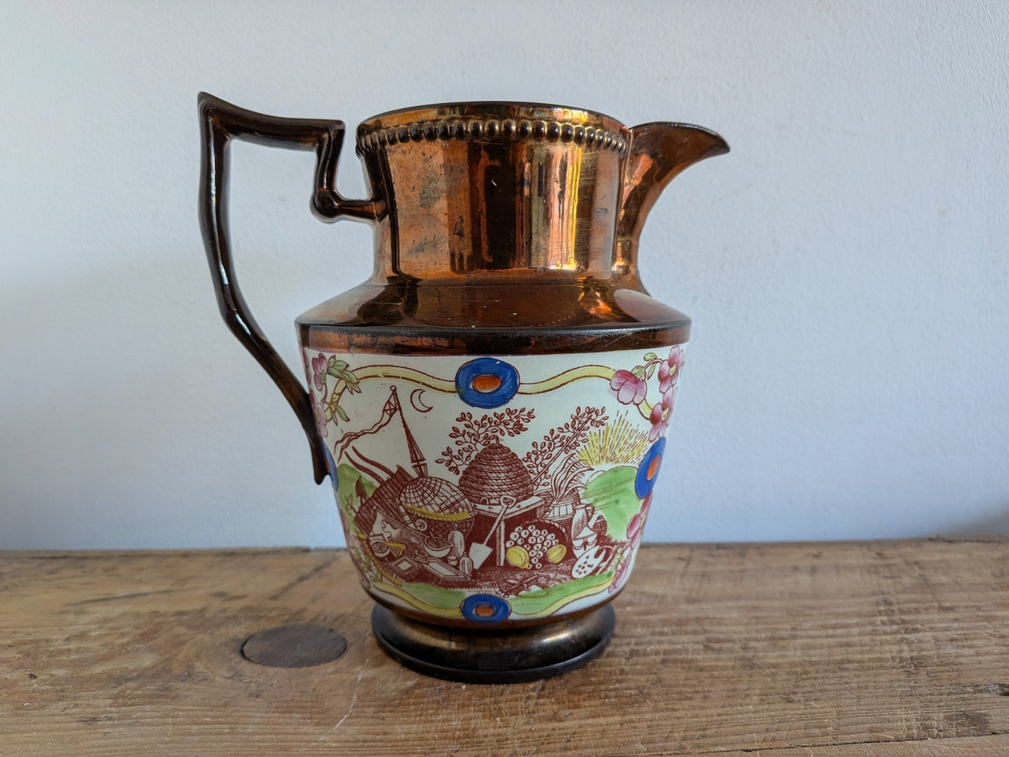 Antique Pottery Pearlware Transfer Copper Lustre Jug 1825 Vintage Large English 