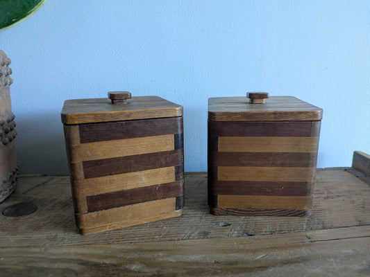 Pair Vtg Wood Two-tone Striped Kitchen Canister Caddy 1960's Mid Century Retro 