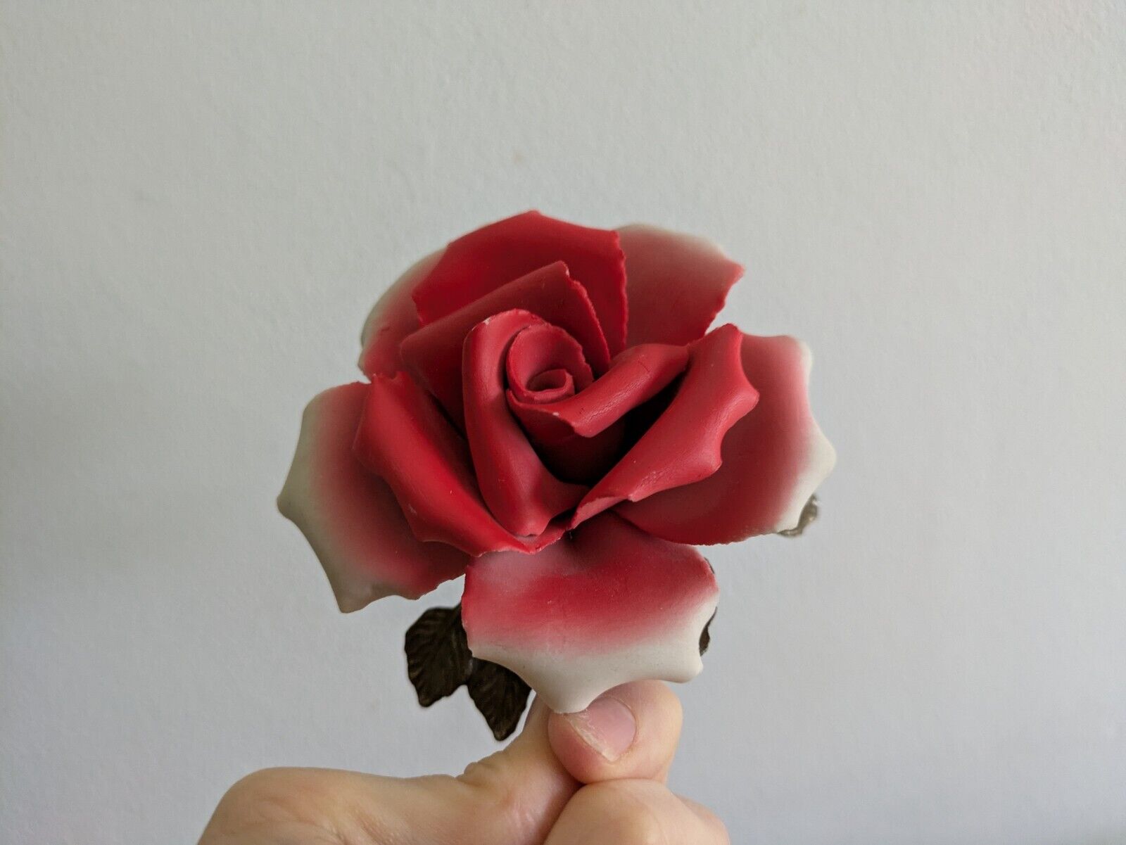 Vintage Capodimonte ~ Red Rose Flower On Metal Stand  ~ Excellent 1970s Kitsch