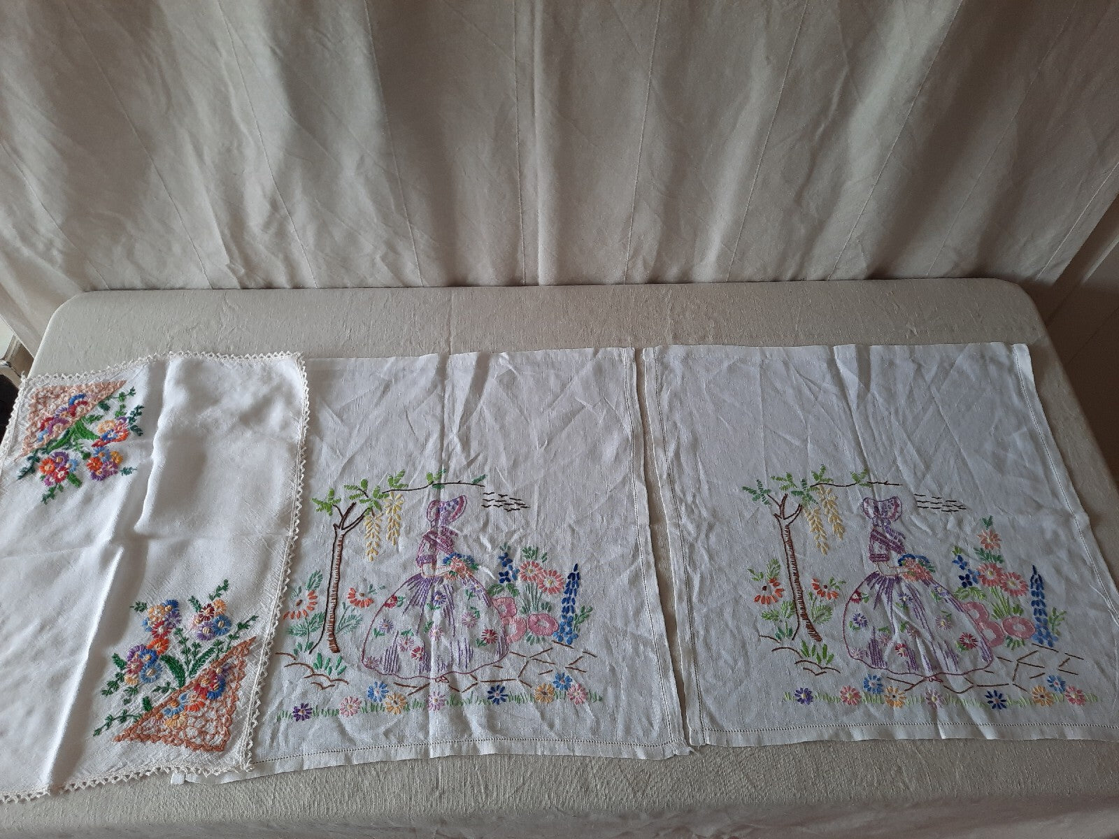 Job lot vtg embroidered retro table cloth cotton floral mats crinoline lady old