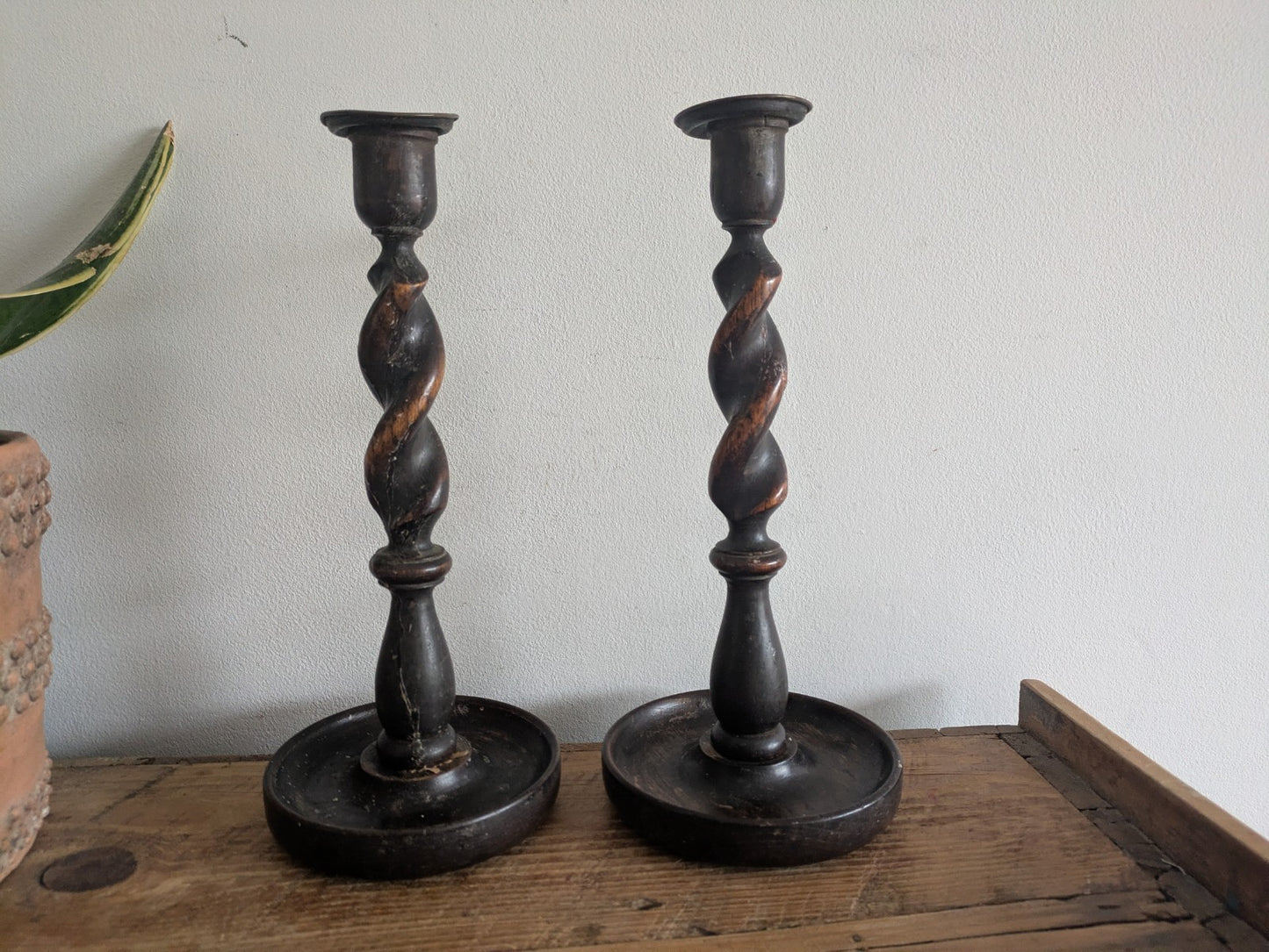 Antique English Oak Barley Twist Pair Candlesticks Candle Holders  31cm Tall Vtg