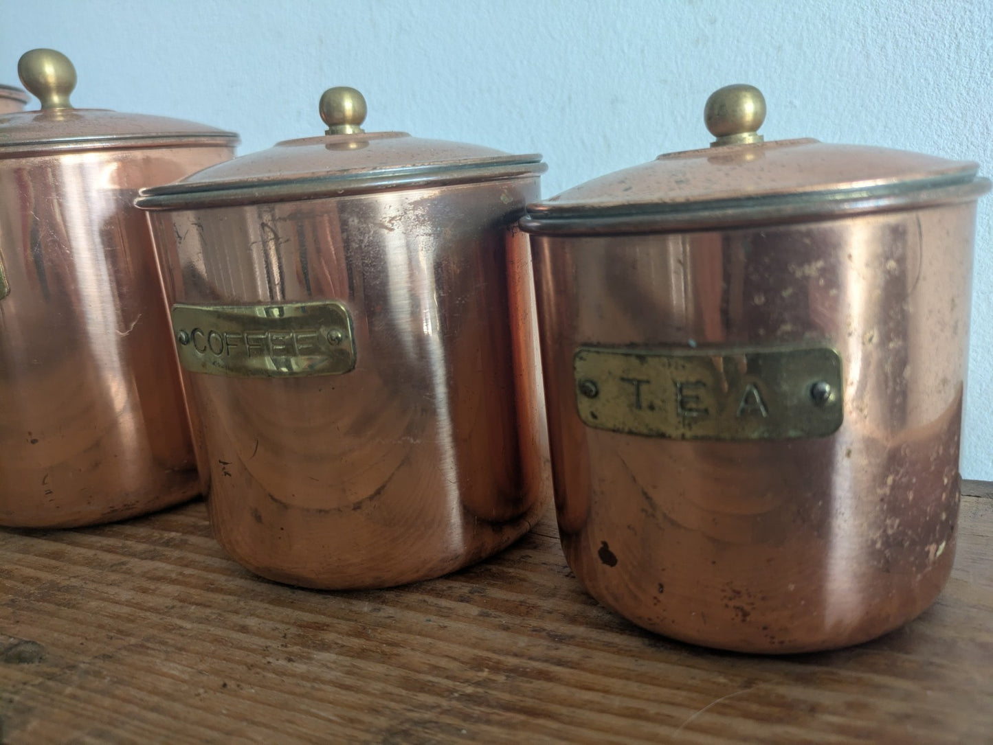 Vtg Copper 4 Nesting Kitchen Canisters MCM Farmhouse Flour Tea Coffee Sugar Prop