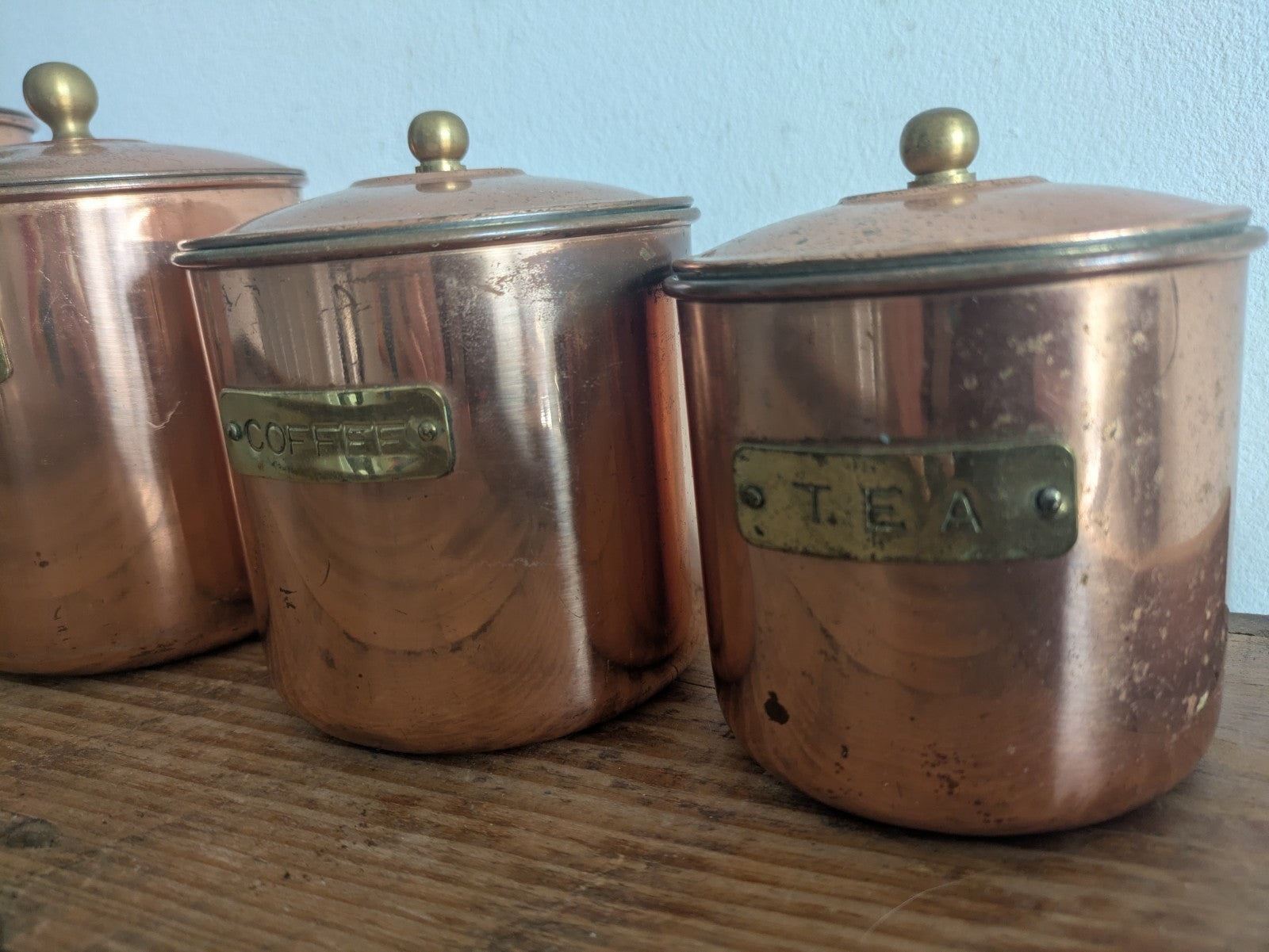Vtg Copper 4 Nesting Kitchen Canisters MCM Farmhouse Flour Tea Coffee Sugar Prop