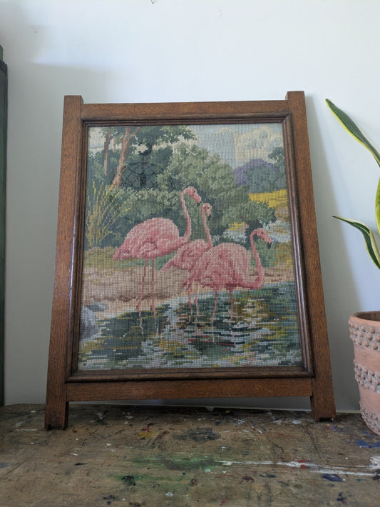 Vintage Framed Flamingo Scene Needlepoint Tapestry Art Wall Decor Oak Glazed Vgc