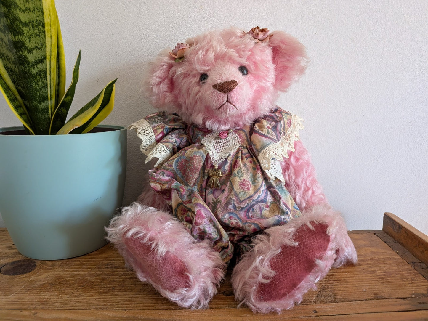 Artist Made Bear Fully Jointed Pink Rosie Handmade Roses Floral Vintage Style 