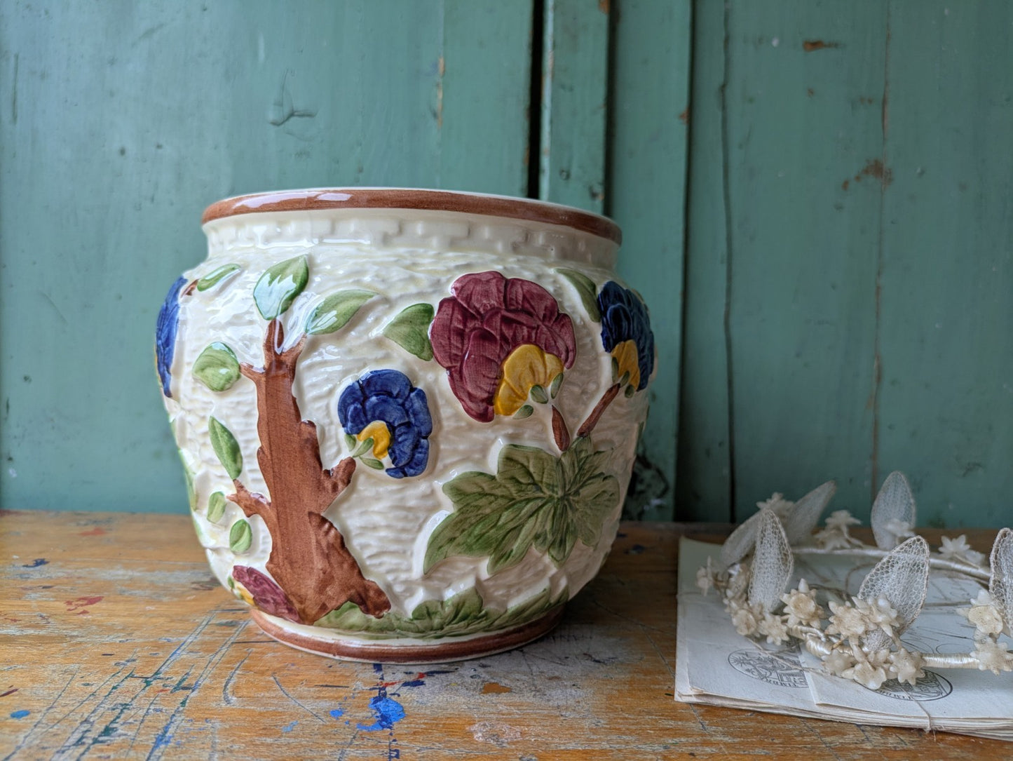 Vintage Plant Pot H J Wood Indian Tree Planter Hand Painted 1930s Colourful Old