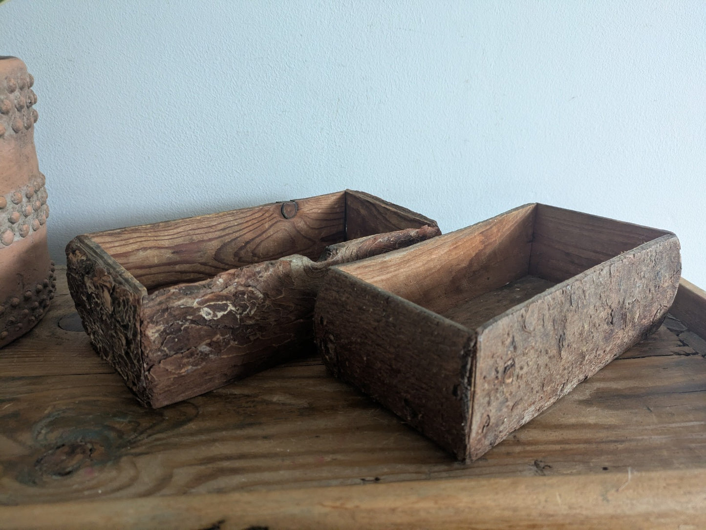 Pair Of Reclaimed Rustic Wood Handmade Box Planter Centerpiece Log Farmhouse Vgc