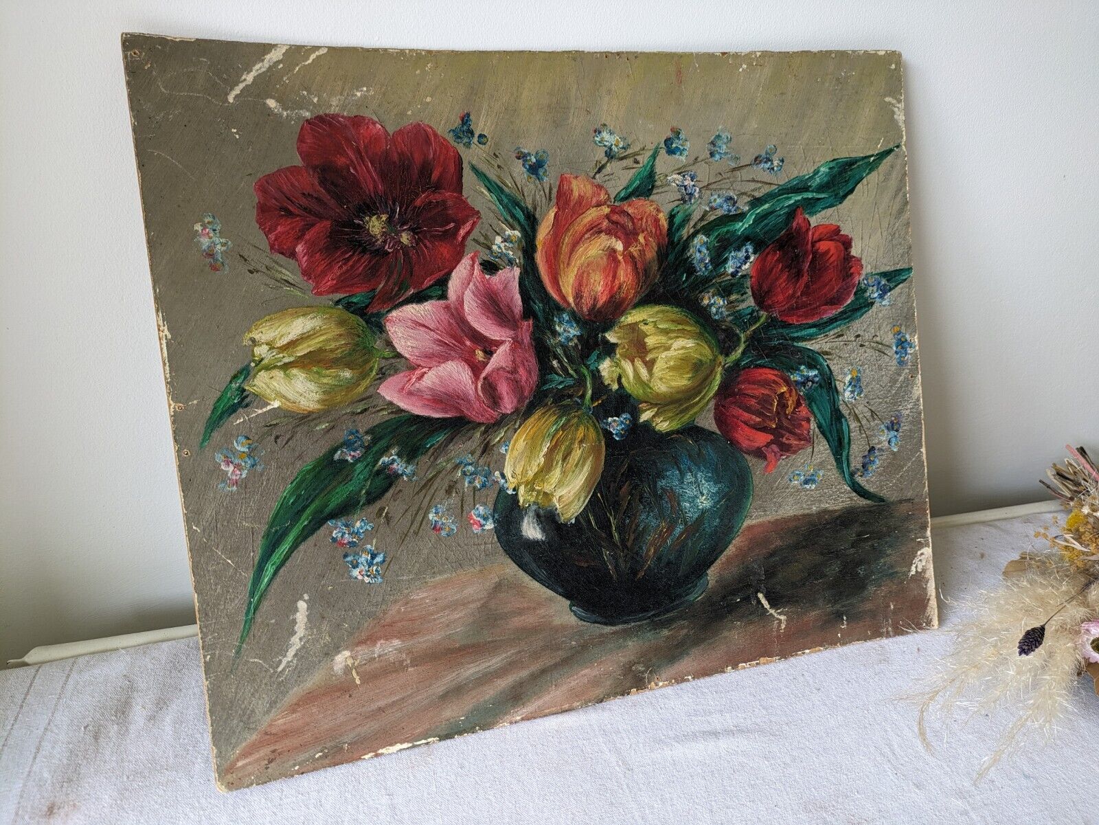 Antique Painting Floral Bouquet Picture frameless vintage Shabby Chic Still Life