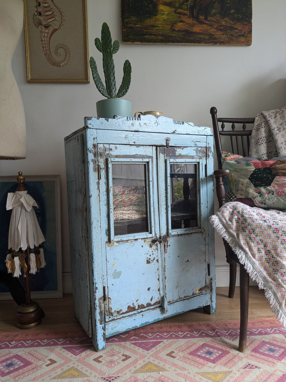 Small Antique Vintage Indian Cabinet Cupboard Painted Rare Glazed Blue Reclaimed