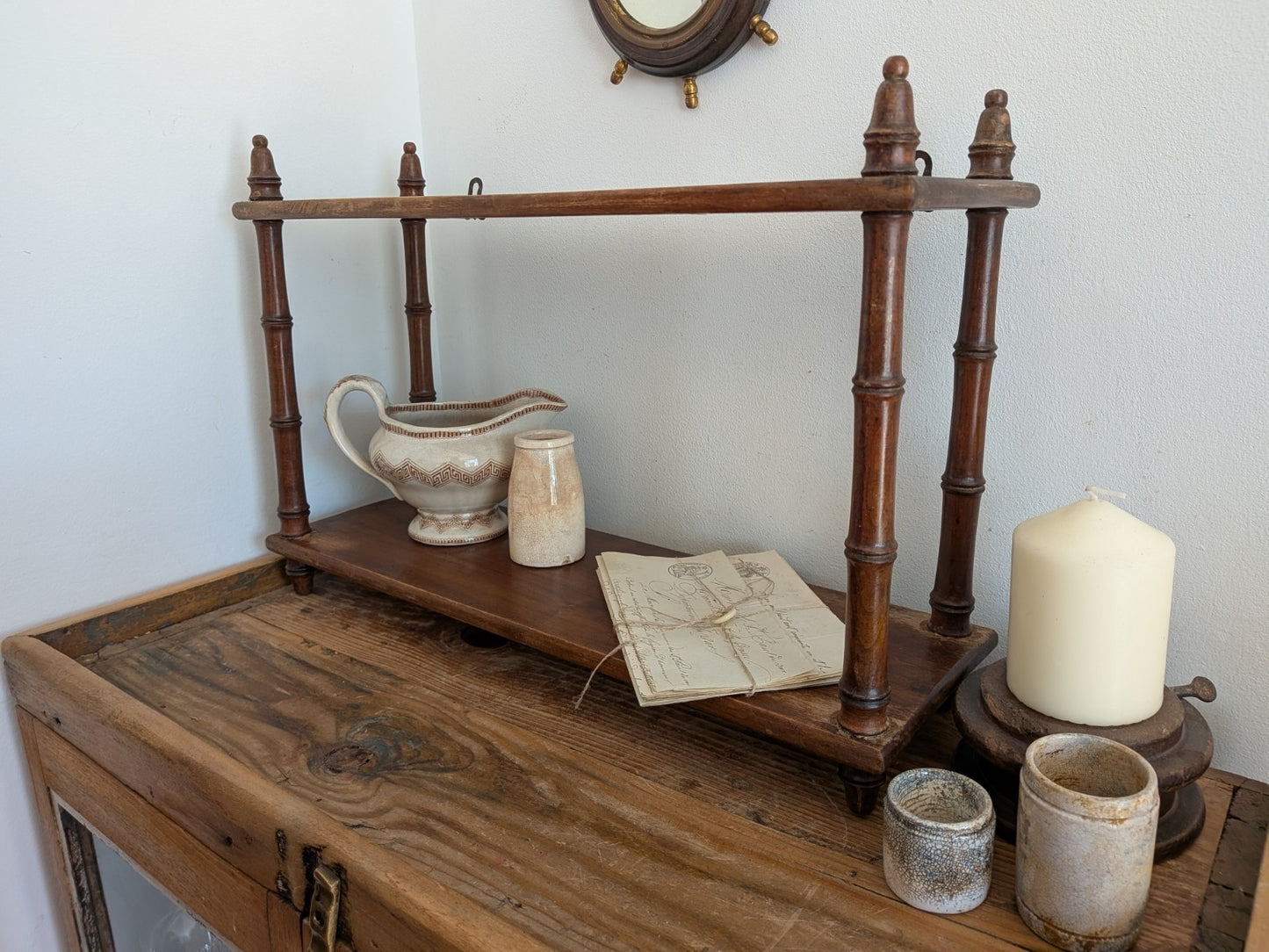 Antique Vintage French Faux Bamboo Wall Shelf Two Tier Wooden Finials Bookshelf 