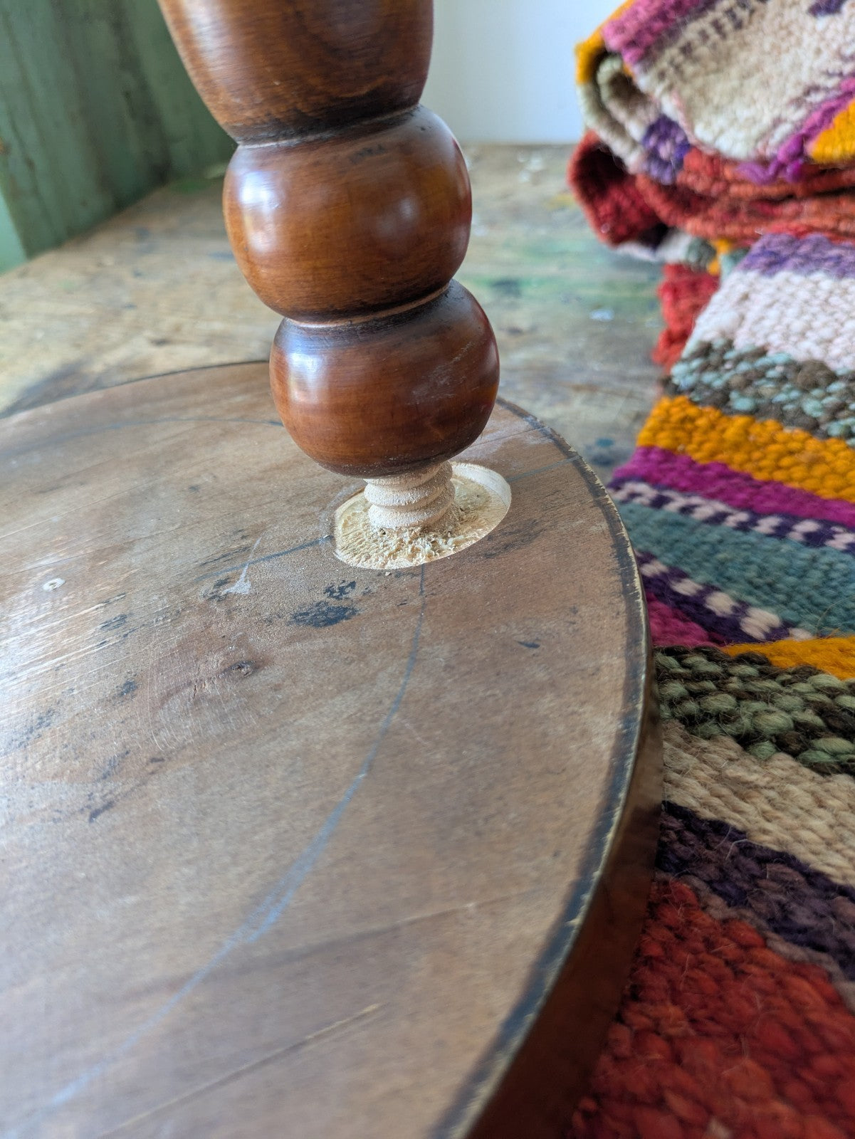 French Rustic Bullseye Stool With Bobbin Screw On Legs Tripod Seat Wooden Vintag