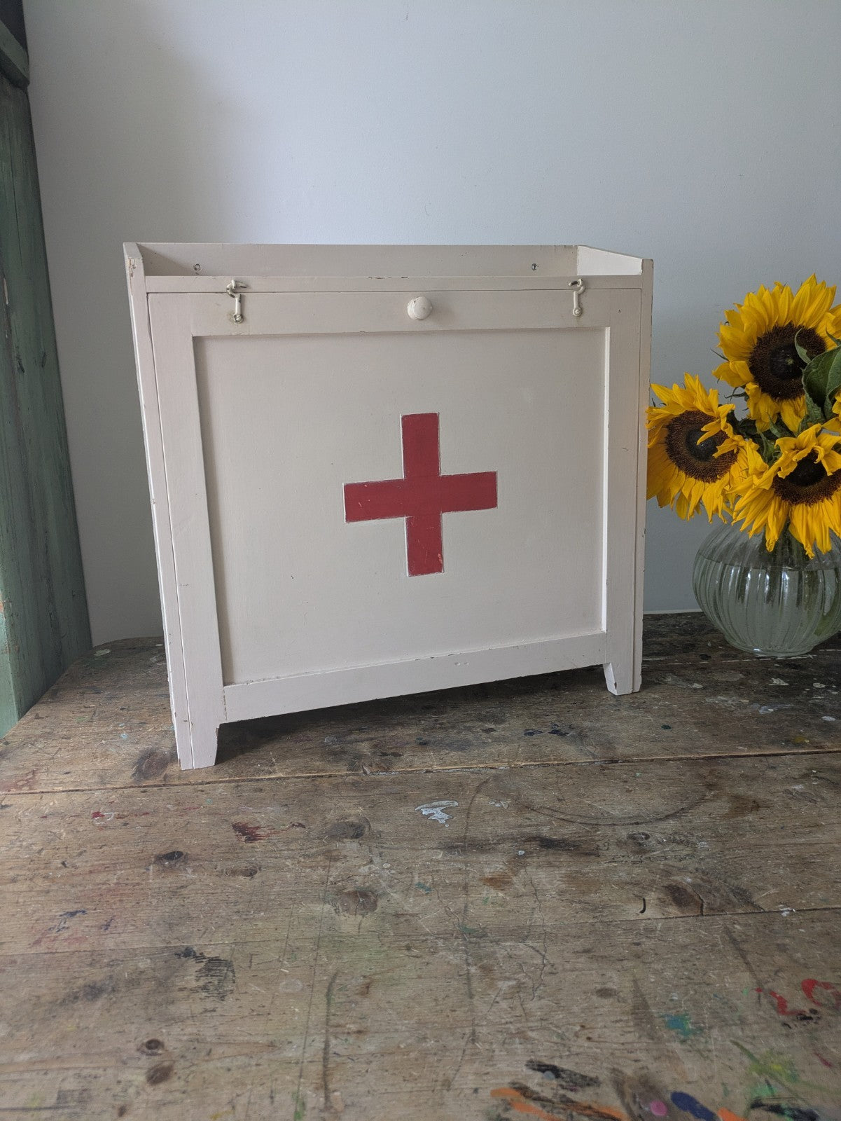Vintage first aid medicine cabinet bathroom Wood Medical Chemist Prop Cupboard 