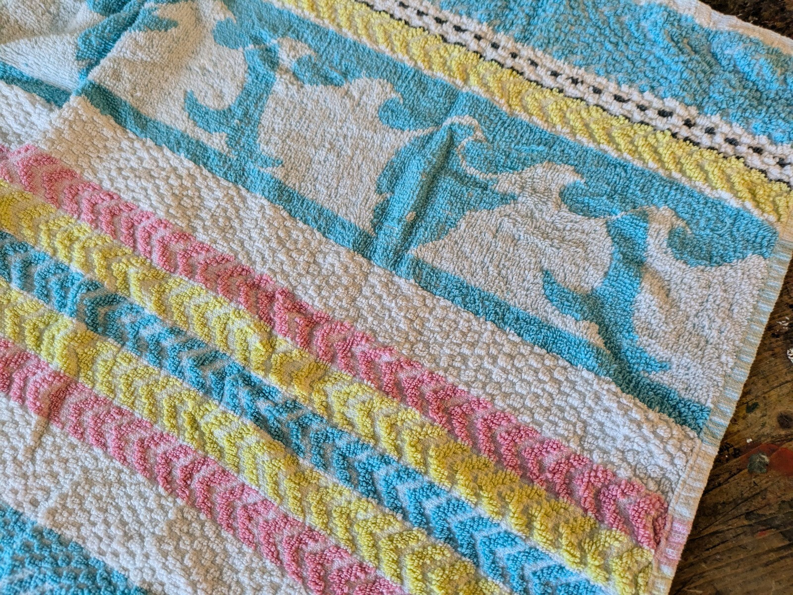 1 Vintage Towel Rainbow Stripe Retro Bath bathroom prop Midcentury Cotton Prop
