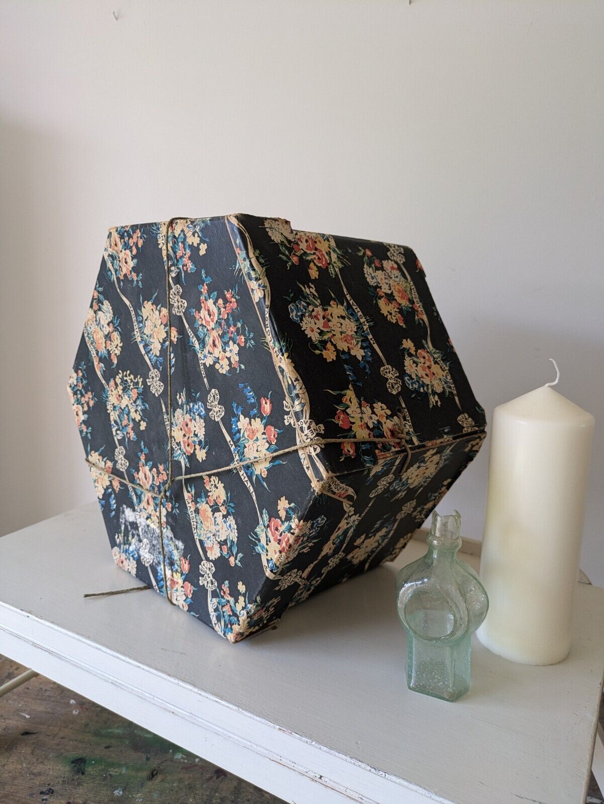 Marshall and Snelgrove vintage large hat box 1950's Hexagonal Floral Storage Vgc