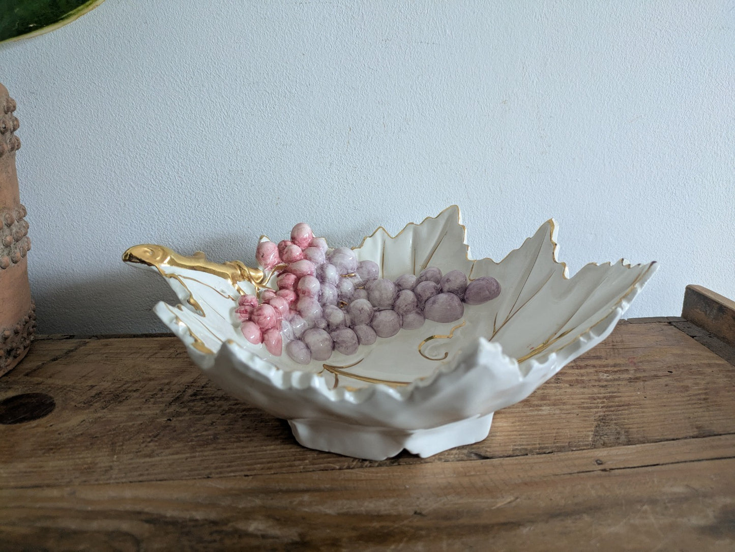 Vintage Majolica White Leaf & Grape Bowl Italy Platter Gilt Painted Capodimonte 
