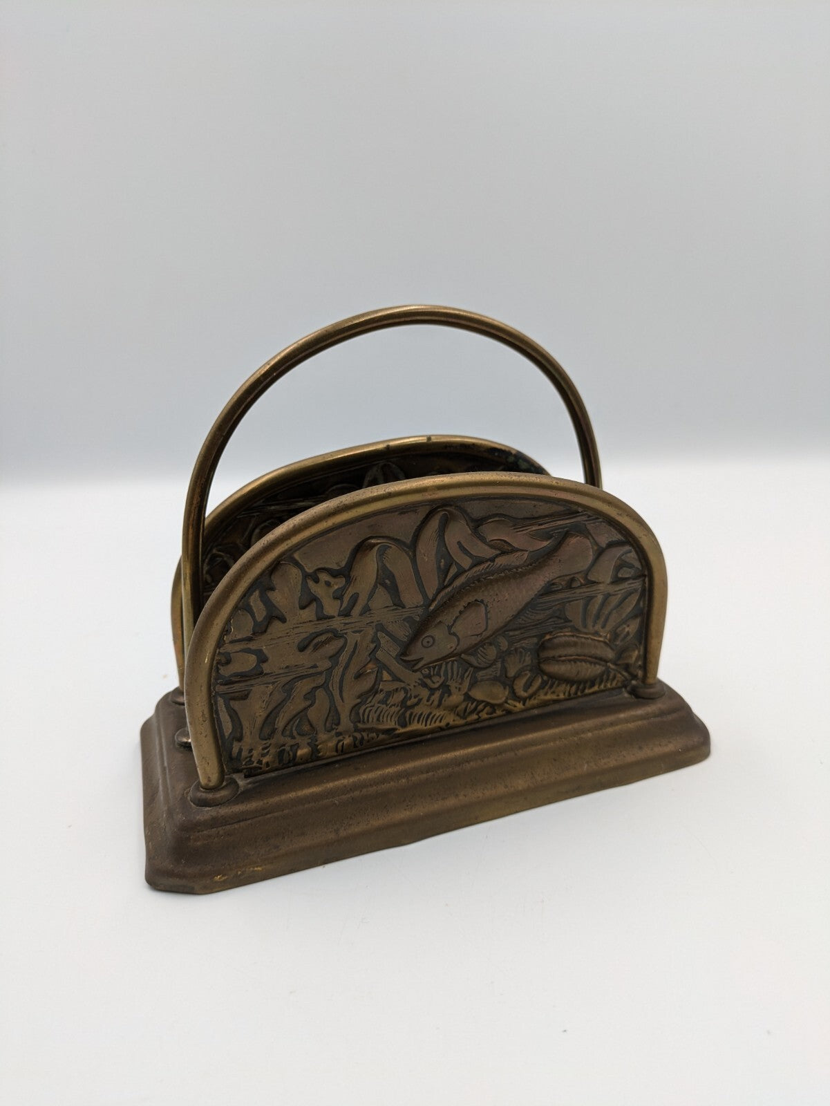 Collectable Brass fish scene letter rack with hooped handle Napkin Holder VTG Vg