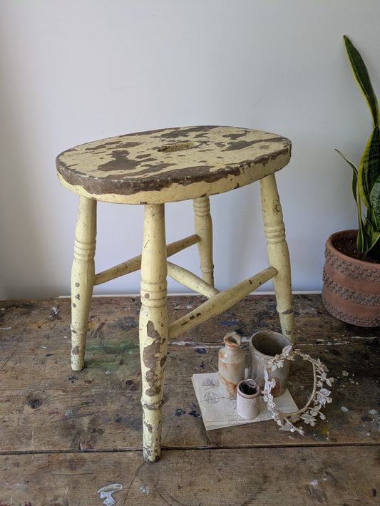 Vintage Victorian Kitchen Stool Wooden Seat Chippy Distressed Paint Yellow Wood