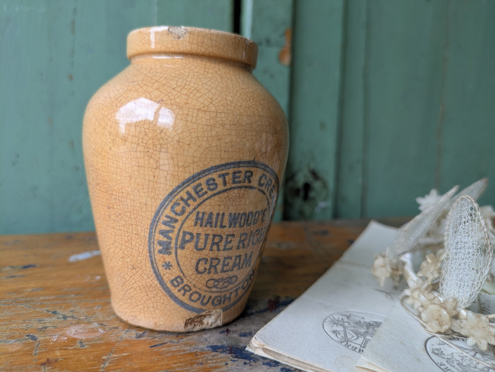 Antique Manchester Creamery Hailwood's Broughton Cream Pot Jar Crock Crazed Vtg