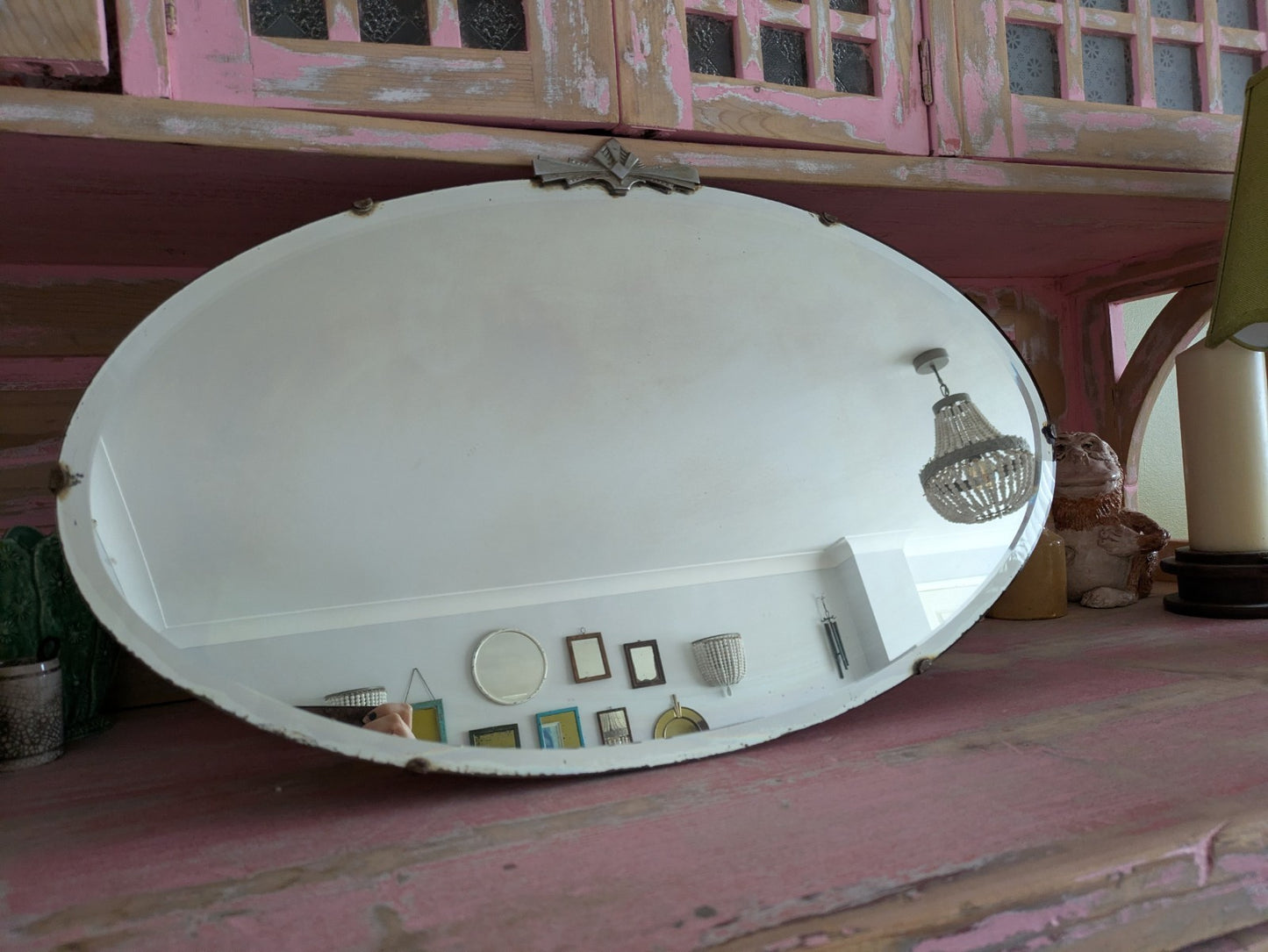 Art Deco Bevel Edge Wall Mirror Frameless & Chain Bevel Edge Oval Vintage Finial