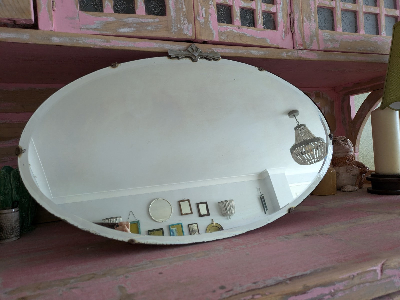 Art Deco Bevel Edge Wall Mirror Frameless & Chain Bevel Edge Oval Vintage Finial